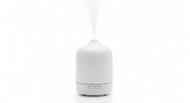 White Ultrasonic Aroma Diffuser Releases Fragrant Mist in Minimalist Interior Against Bright Background