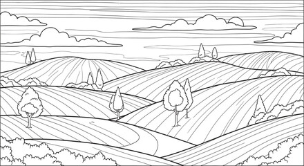 Fototapeta premium Black and white illustration of rolling hills isolated on transparent background