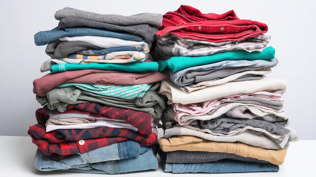 Laundry day chores with two neat piles of clean colorful apparel showing everyday textile organization