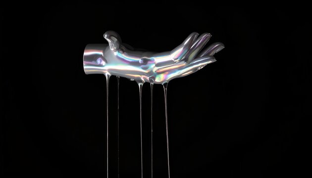 Metaliczna dłoń z kroplami płynnego srebra na czarnym tle, symbolizująca obfitość lub utratę.