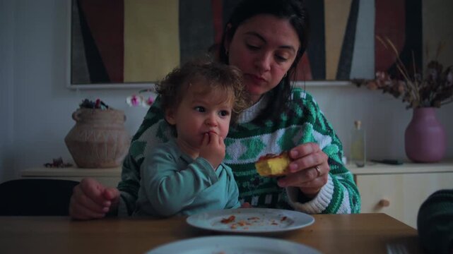 Mother eating piece of cake while toddler sits beside her at table, candid family snack time moment expressing warmth, appetite and everyday motherhood
