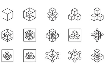 A collection of 3D cube illustrations in various configurations and perspectives
