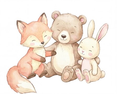 Animated watercolor of a cute baby bear and bunny rabbit sitting together on a white background
