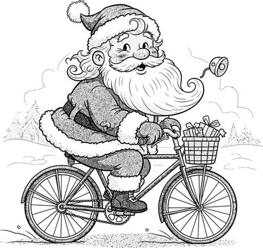 Santa Claus rides bicycle with gifts on snowy wqe 309 winter day