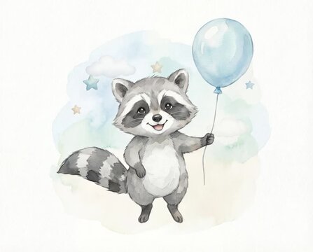 Animated watercolor of a cute baby raccoon holding a blue balloon on a white background