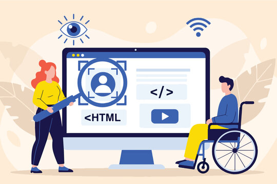 Two people interacting with a large computer screen displaying accessibility features and HTML coding for an inclusive digital experience.