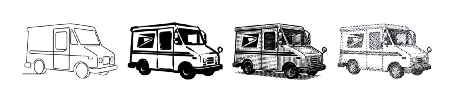 Set of four step van illustrations showcasing different artistic styles including continuous line art, bold ink, vintage woodcut, and detailed stippling for logistics concepts