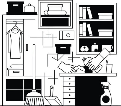 Hands exchanging cleaning supplies in a cluttered room with furniture and shelves wqe 313