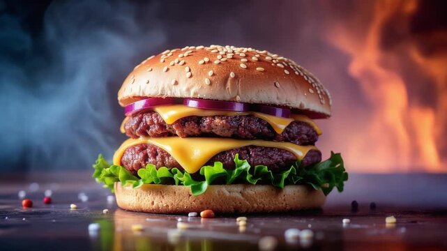 Delicious double cheeseburger with fresh lettuce and red onion on sesame bun with flame background