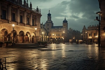 Fototapeta premium Old town market square with historical buildings reflecting evening lights on wet cobblestones