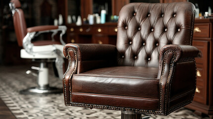 Classic barbershop with dark wood paneling and leather chesterfield sofa, background composition
