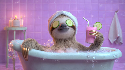 Fototapeta premium A cartoon sloth relaxing in a bubble bath with cucumber slices in its eyes, holding a pink smoothie in a vintage bathtub. Concept of spa treatments and relaxation.