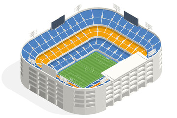 Isometric football stadium arena with green soccer field, tribune seat and sport infrastructure. Large arena prepared for professional championship match. Sport architecture and fan event location. © Golden Sikorka