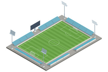 Isometric football stadium arena with green soccer field, tribune seat and sport infrastructure. Large arena prepared for professional championship match. Sport architecture and fan event location. © Golden Sikorka