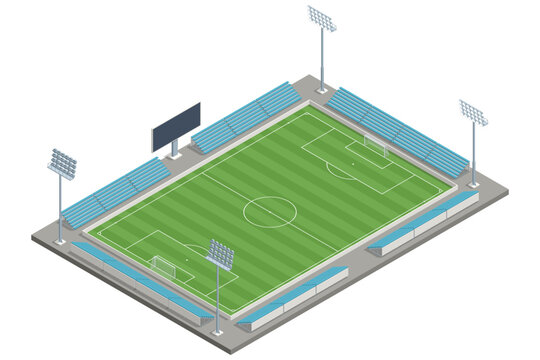 Isometric football stadium arena with green soccer field, tribune seat and sport infrastructure. Large arena prepared for professional championship match. Sport architecture and fan event location.