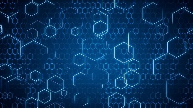 Abstract digital background with glowing hexagonal patterns and interconnected lines. Represents technology, innovation, and data visualization in modern design