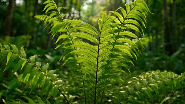 Vibrant green fern plant growing in a sunlit forest environment