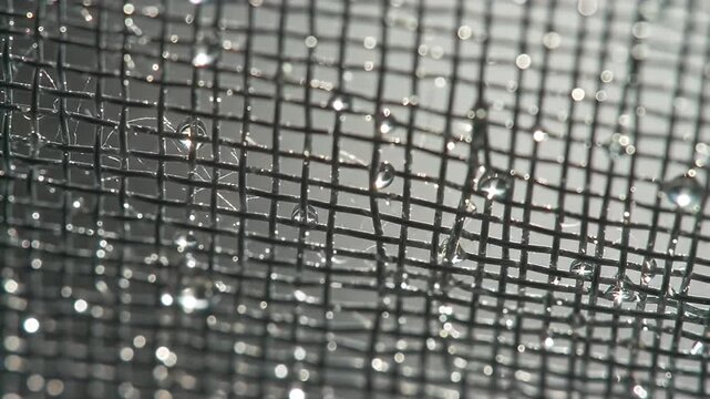 Macro shot of water droplets clinging to a dark metal screen against bright background
