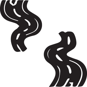 Two distinct winding black roads with white dashed lines suggest diverging or parallel journeys.