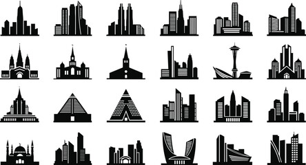 Mega collection of black vector icons featuring city skylines skyscrapers pyramids castles bridges trees cars and modern urban architecture silhouettes set © Safia