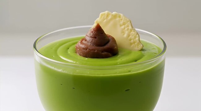 Exquisite matcha green tea dessert mousse with adzuki bean paste topping