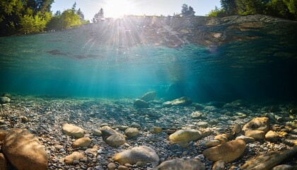 Obraz premium sunlight shines through clear underwater riverbed pebbles landscape