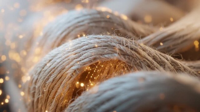 Close up of natural jute rope texture with glowing golden light bokeh background for rustic design