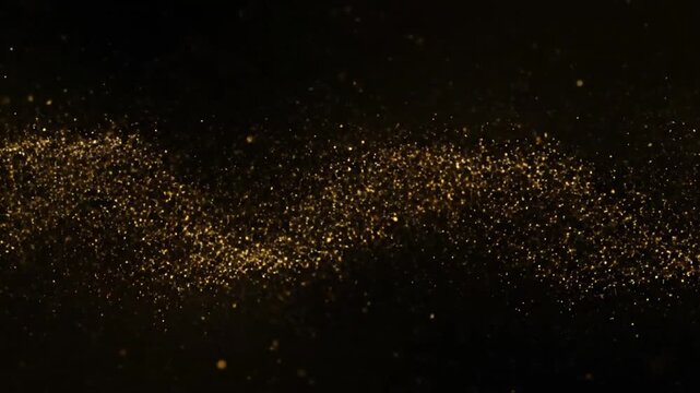 Luxurious golden dust particles flowing in a smooth horizontal wave. Abstract cinematic gold sand or energy stream motion background.