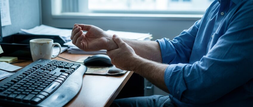 Office worker holding painful wrist at desk, concept of wrist pain and office syndrome