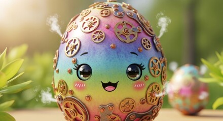 Large rainbow pastel mechanical egg with gears and smiling face for easter decoration banner and spring wallpaper