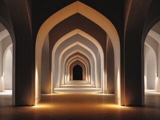 Obraz premium Arched walkway leads into deep shadow. Warm light glows from floor to ceiling. Architecture echoes symmetry and depth. Dark stone meets golden illumination. Path invites viewer into mysterious space