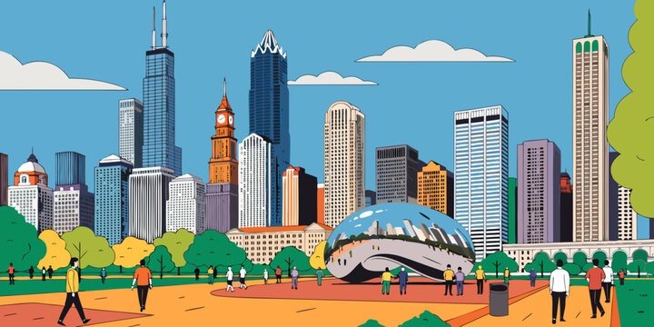 USA, US, U.S, United States - Millennium Park Skyline with Reflective Sculpture &ndash; Panoramic Clean Flat Vector Illustration | Chicago Illinois USA Modern Cityscape Art