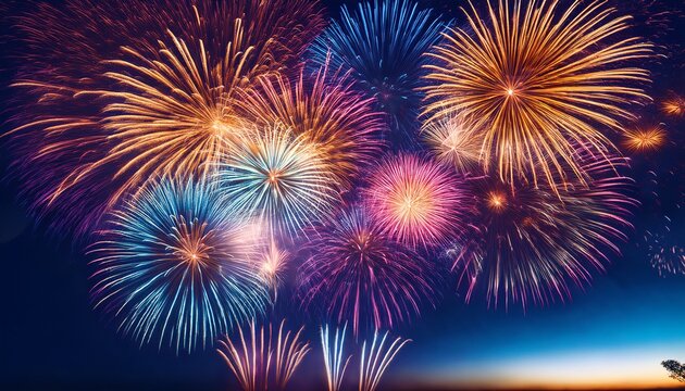 top portion of image shows multicolored fireworks lighting up a dark indigo sky