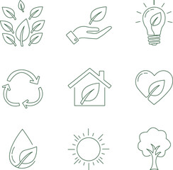 Fototapeta premium Eco friendly sustainable living icons set for green energy and environmental conservation vector illustration