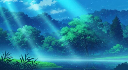 Obraz premium A serene underwater scene featuring tropical fish and coral reefs illuminated by bright sun rays piercing through the deep blue ocean water