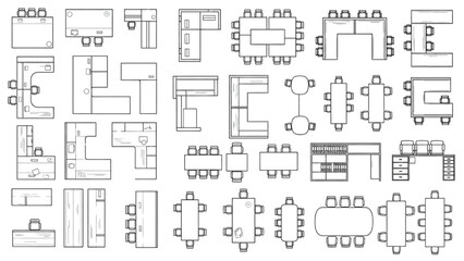 Top-down vector outlines of diverse office desks and tables for modern workspace planning and interior design layouts