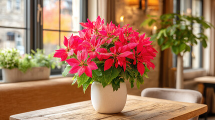Photorealistic close-up of a vibrant red poinsettia plant