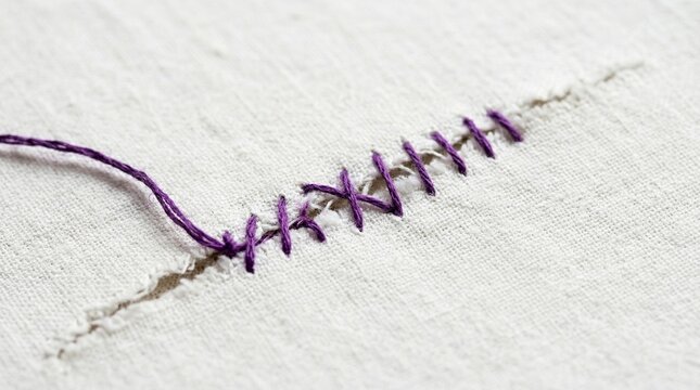 Close-up of a neat purple whipstitch mending a white fabric seam, showcasing traditional hand sewing and textile repair techniques