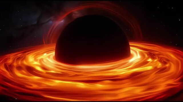 A massive black hole in space with an accretion disk showing orange glowing cosmos universe gravity singularity astronomy