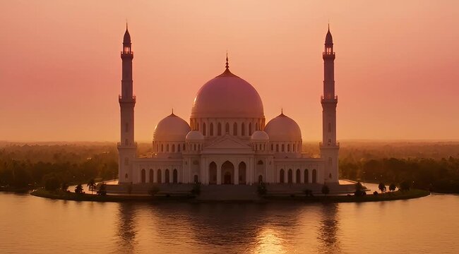 Majestic white mosque architecture with domes and minarets at sunset over water