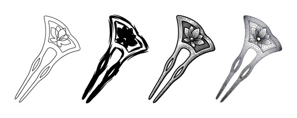 Obraz premium Set of four decorative kanzashi hairpins with a lotus flower motif, presented in various artistic styles including line art, brush stroke, engraving, and stippling