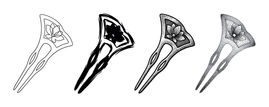 Set of four decorative kanzashi hairpins with a lotus flower motif, presented in various artistic styles including line art, brush stroke, engraving, and stippling