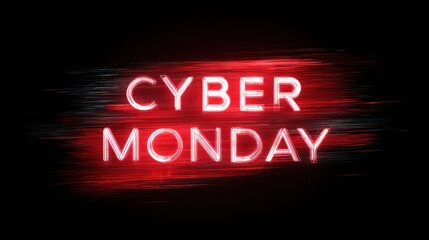 Obraz premium Cyber Monday glowing neon text on a dark background with red light streaks