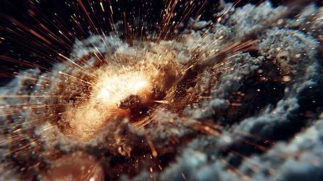 Explosive Formation: A dynamic and energetic portrayal of an explosion with an interplay of light and shadow, capturing the raw power and destructive beauty of the moment.