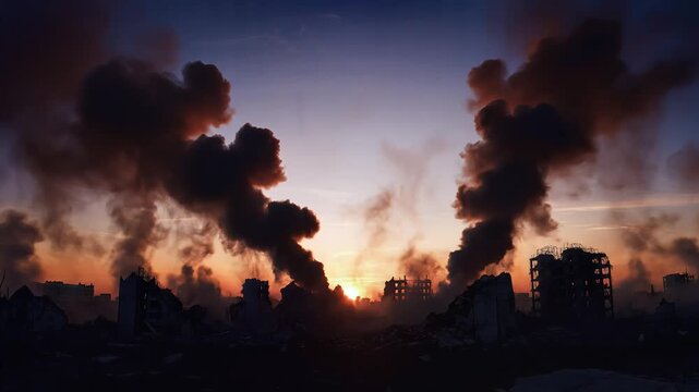 Dramatic Sunset over Devastated City Ruins with Smoke