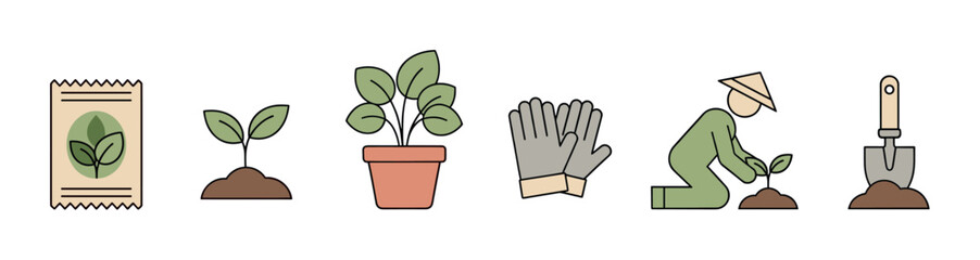 Naklejka premium Gardening icon set with plant growth stages showing a seed packet, sprout, potted plant, gloves, a person planting, and a trowel in a flat line art style