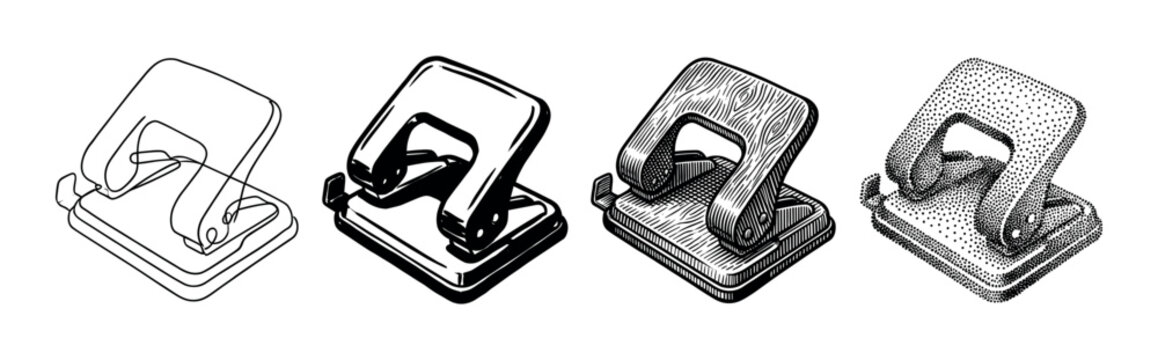 Set of four hole puncher illustrations in black and white, showcasing different artistic techniques like line art, solid silhouette, engraving, and stippling for office concepts