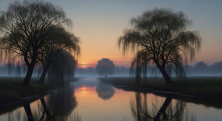 Serene Lake Sunset with Trees Silhouette Reflections