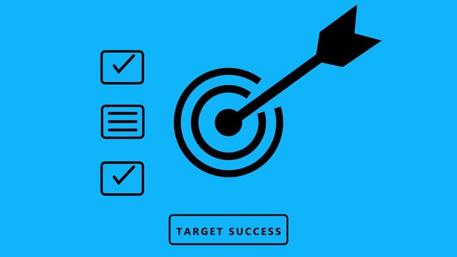 A black arrow hitting the bullseye of a target with a checklist including checkmarks and bullet points on a solid blue background representing target achievement and successful completion