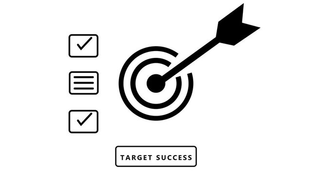 A black arrow precisely striking the bullseye of a target with a checklist featuring checkmarks and bullet points on a white background symbolizing clear achievement and successful goal